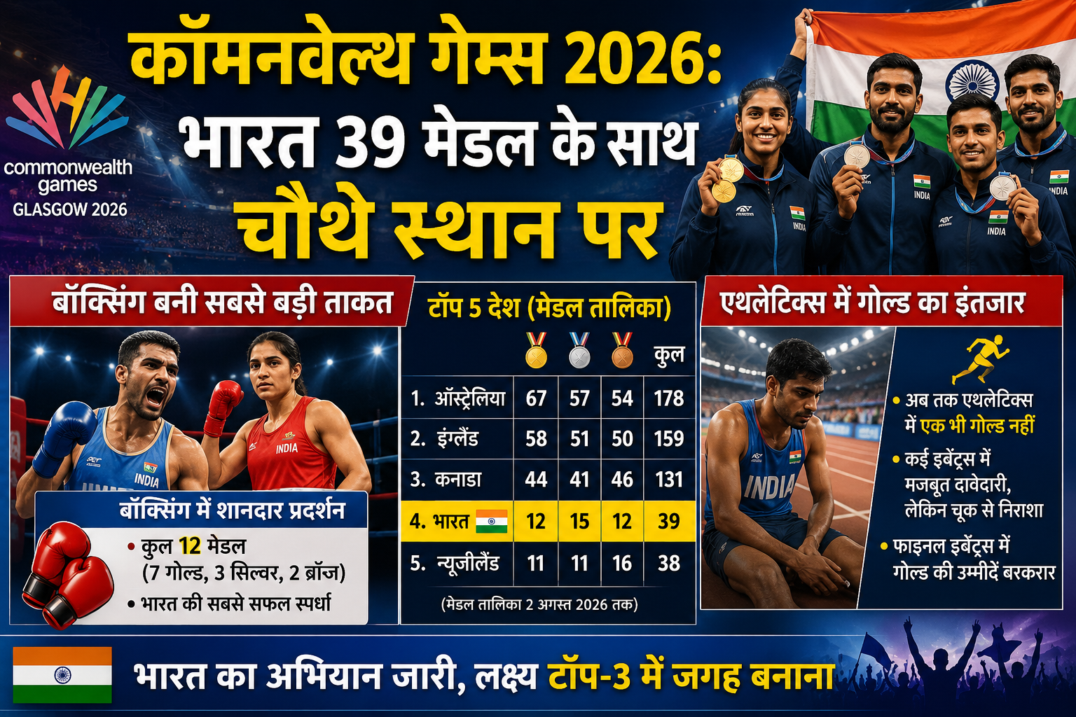 कॉमनवेल्थ गेम्स 2026: भारत 39 मेडल के साथ चौथे स्थान पर, बॉक्सिंग बनी सबसे बड़ी ताकत; एथलेटिक्स में गोल्ड का इंतजार