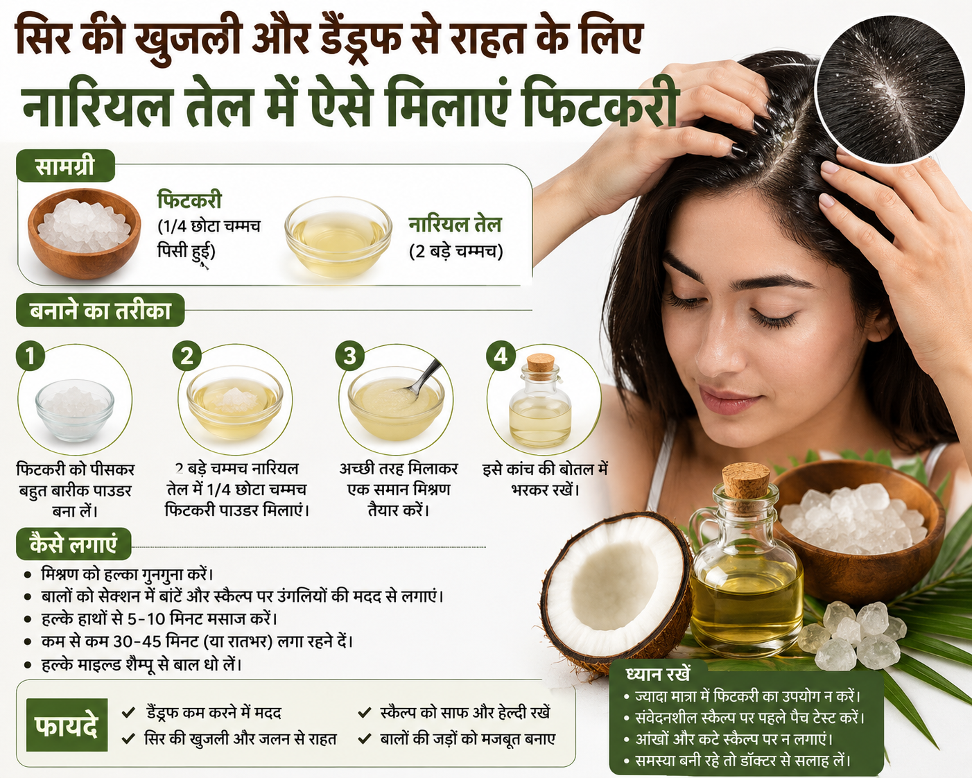 सिर की खुजली और डैंड्रफ से राहत के लिए नारियल तेल में ऐसे मिलाएं फिटकरी