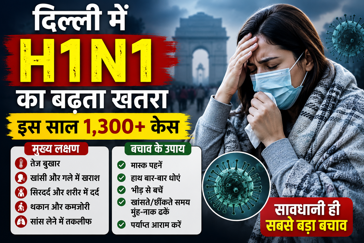 दिल्ली में H1N1 का बढ़ता खतरा: इस साल 1,300 से ज्यादा केस, जानें लक्षण और बचाव