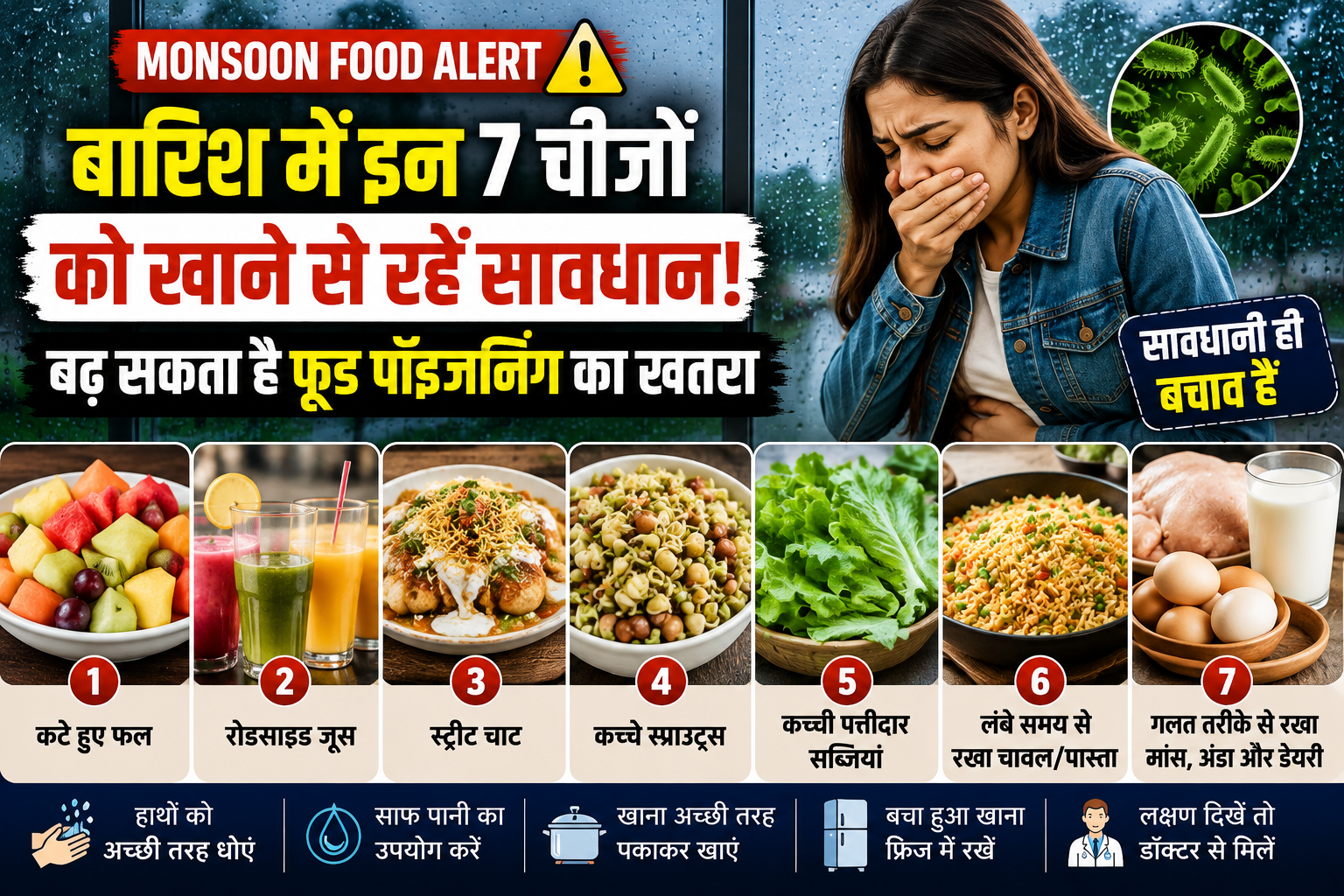 बारिश में इन 7 चीजों को खाने से रहें सावधान, बढ़ सकता है फूड पॉइजनिंग का खतरा