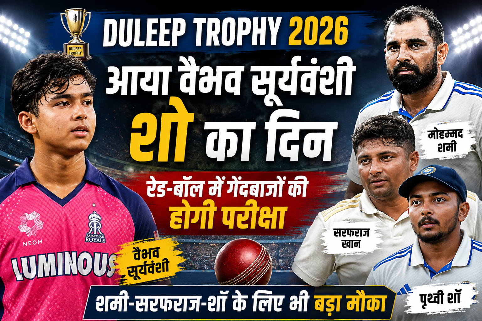 Duleep Trophy 2026: आया वैभव सूर्यवंशी शो का दिन, रेड-बॉल में गेंदबाजों की होगी परीक्षा; शमी-सरफराज-शॉ के लिए भी बड़ा मौका